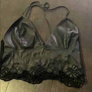 Black faux leather mix crop